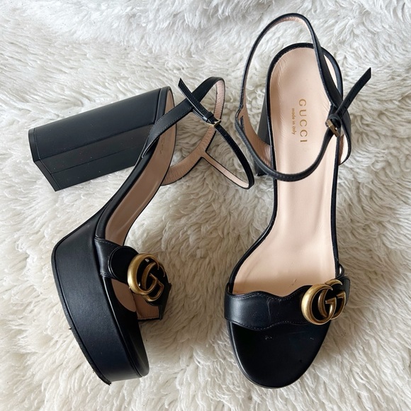 Gucci Shoes - Gucci Marmont Black Platform Sandals Heels Leather GG Size EU 40 High Block Heel